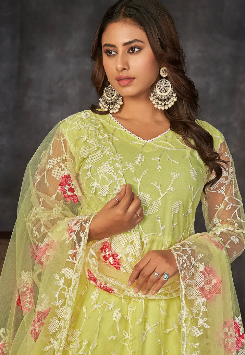 Embroidered Net Anarkali Suit in Light Green