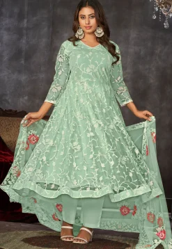 Embroidered Net Anarkali Suit in Sea Green