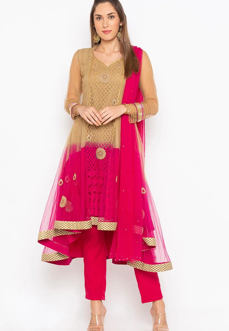 Embroidered Net Anarkali Suit in Beige and Fuchsia