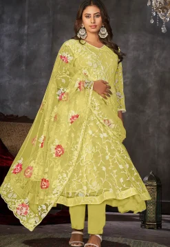 Embroidered Net Anarkali Suit in Yellow