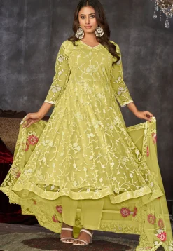 Embroidered Net Anarkali Suit in Yellow