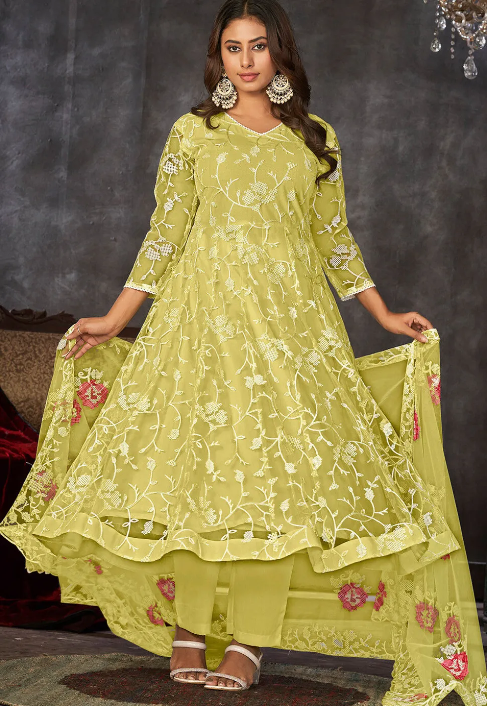 Embroidered Net Anarkali Suit in Yellow