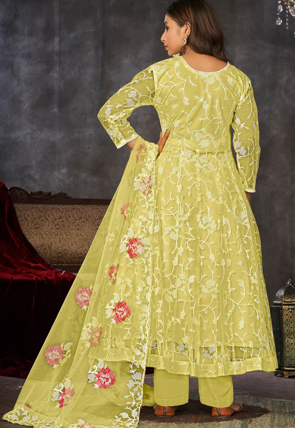 Embroidered Net Anarkali Suit in Yellow