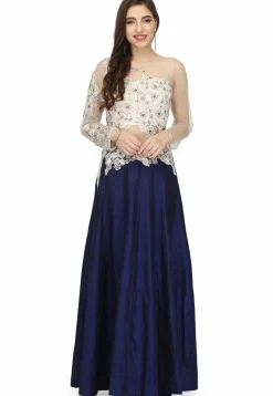 Embroidered Net and Art Silk Gown in Navy Blue and off white