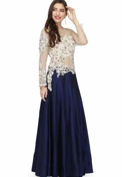 Embroidered Net and Art Silk Gown in Navy Blue and off white