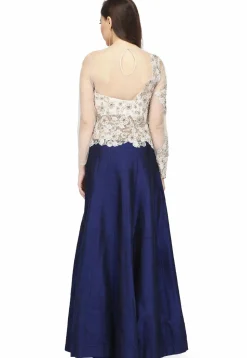 Embroidered Net and Art Silk Gown in Navy Blue and off white