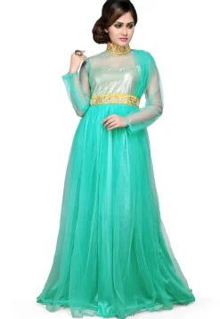 Embroidered Net and Art Silk Gown In Turquoise