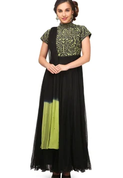 Embroidered Net and Satin Abaya Style Suit in Black