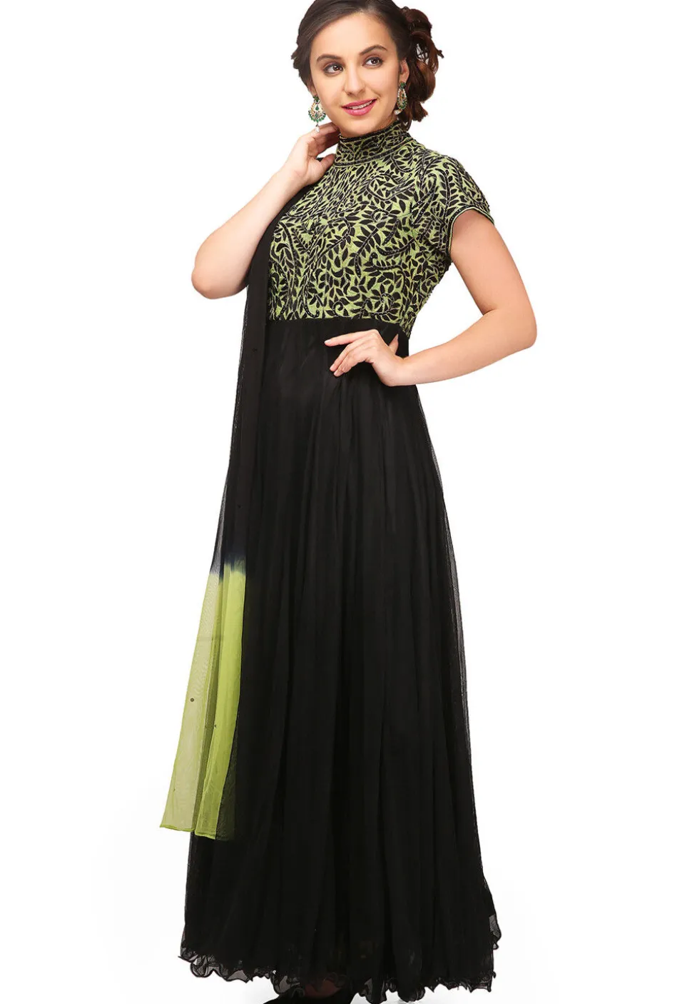 Embroidered Net and Satin Abaya Style Suit in Black