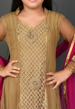 Embroidered Net Asymmetric Anarkali Suit in Shaded Beige and Fuchsia