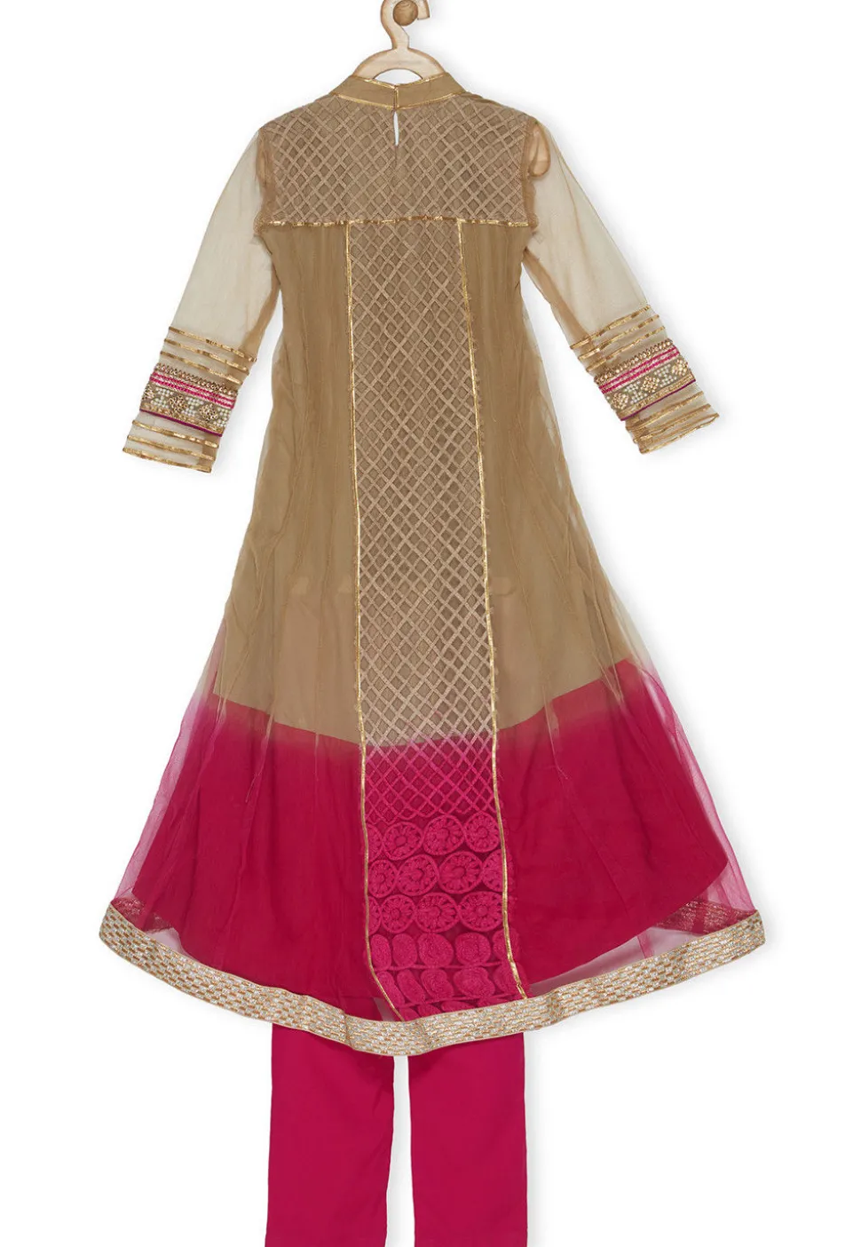 Embroidered Net Asymmetric Anarkali Suit in Shaded Beige and Fuchsia