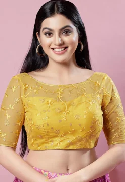 Embroidered Net Blouse in Yellow