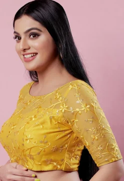 Embroidered Net Blouse in Yellow