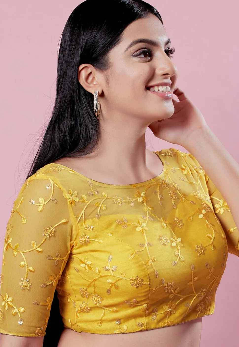 Embroidered Net Blouse in Yellow