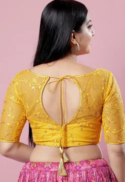 Embroidered Net Blouse in Yellow