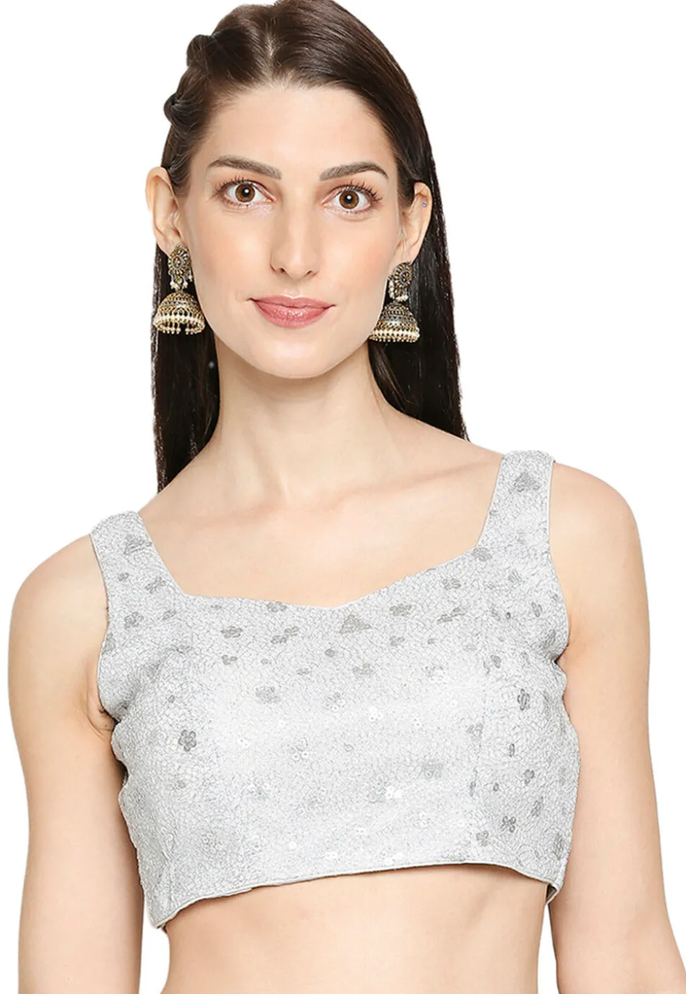Embroidered Net Blouse in Silver