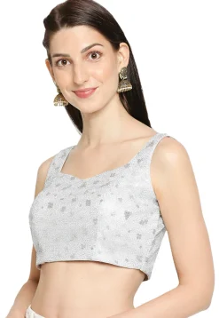 Embroidered Net Blouse in Silver