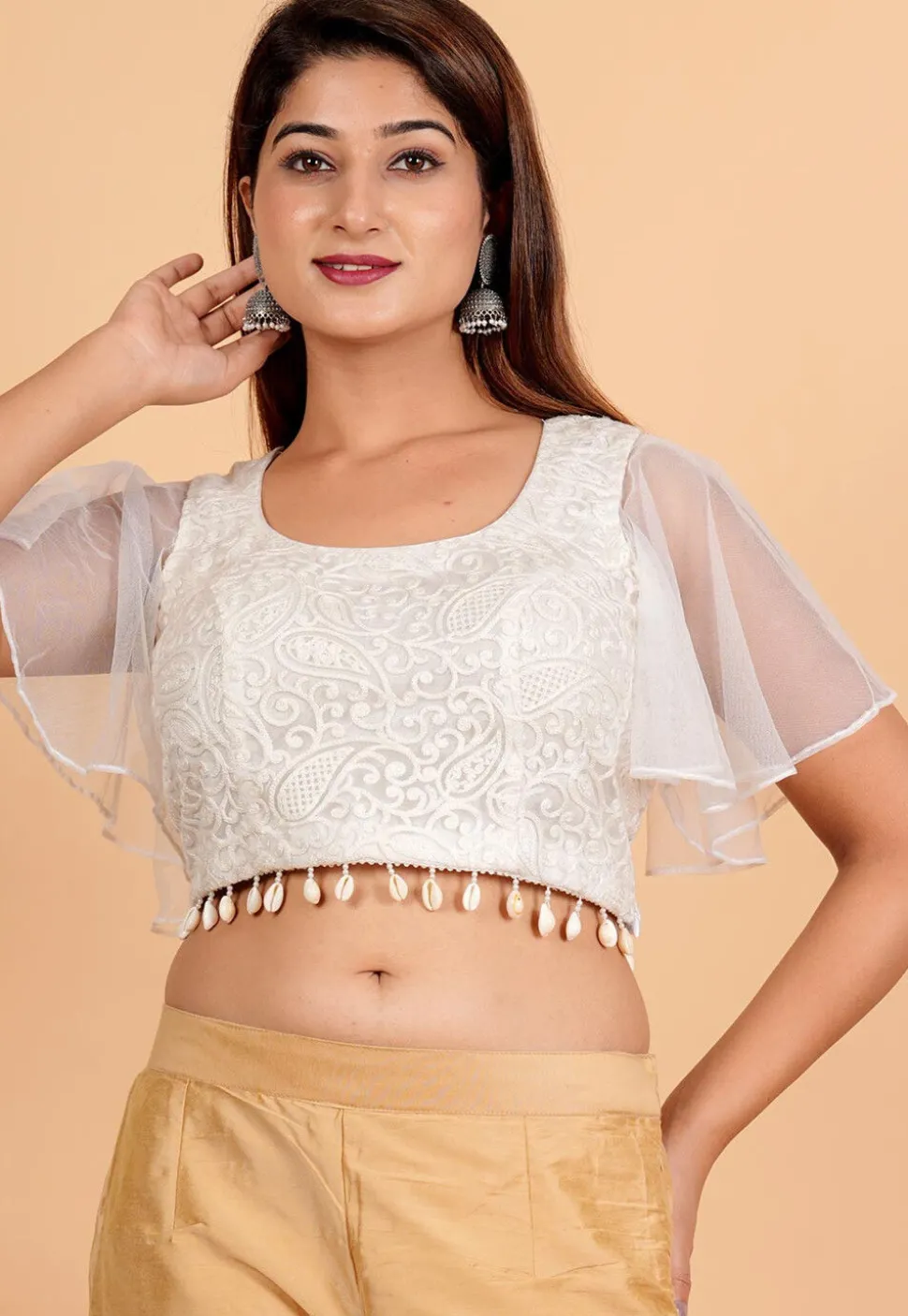 Embroidered Net Blouse in White