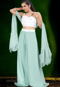 Embroidered Net Crop Top Set in Off White