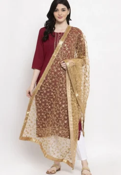Embroidered Net Dupatta in Beige