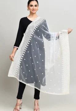 Embroidered Net Dupatta in Off White
