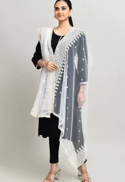 Embroidered Net Dupatta in Off White