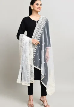 Embroidered Net Dupatta in Off White