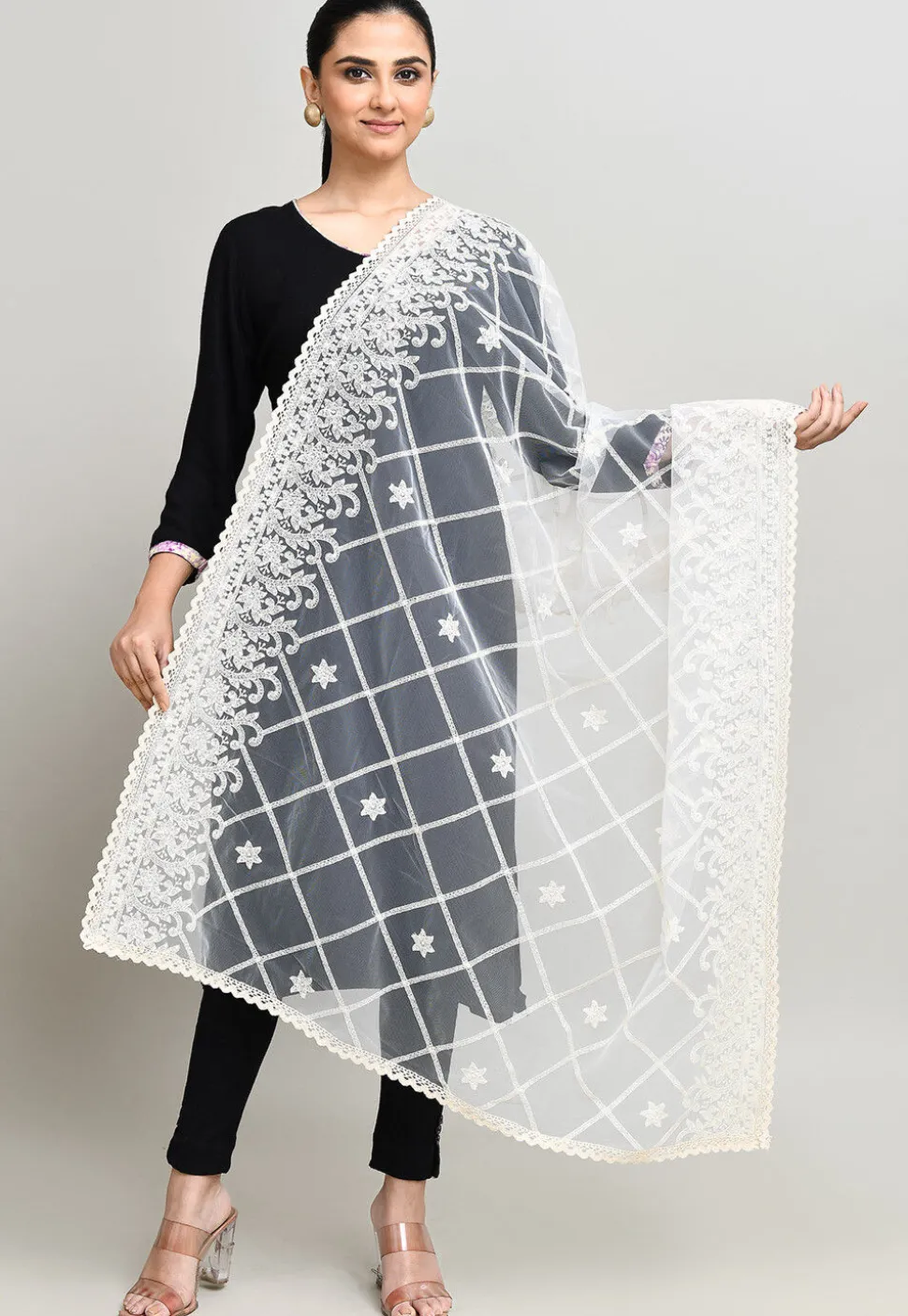 Embroidered Net Dupatta in Off White