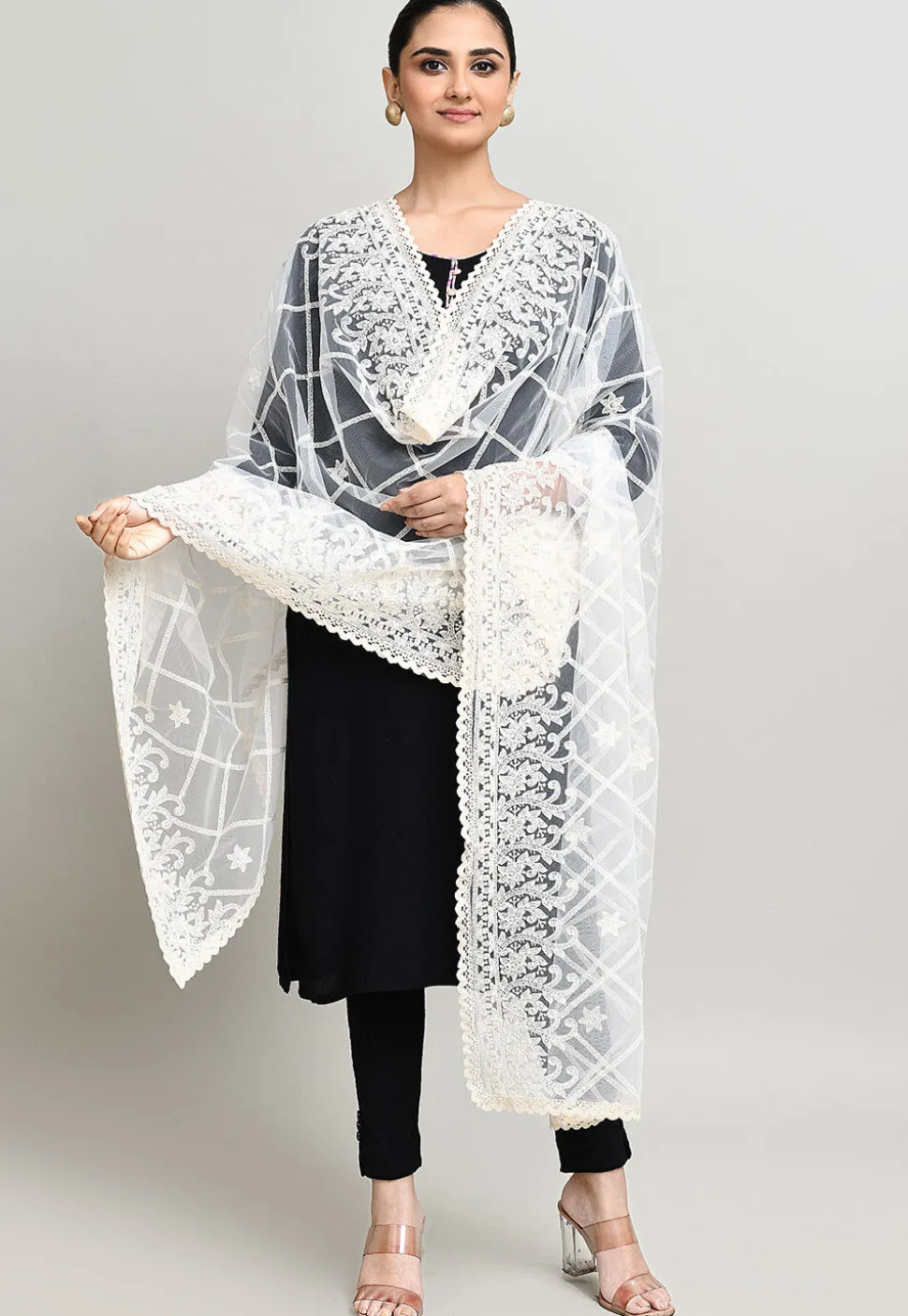 Embroidered Net Dupatta in Off White