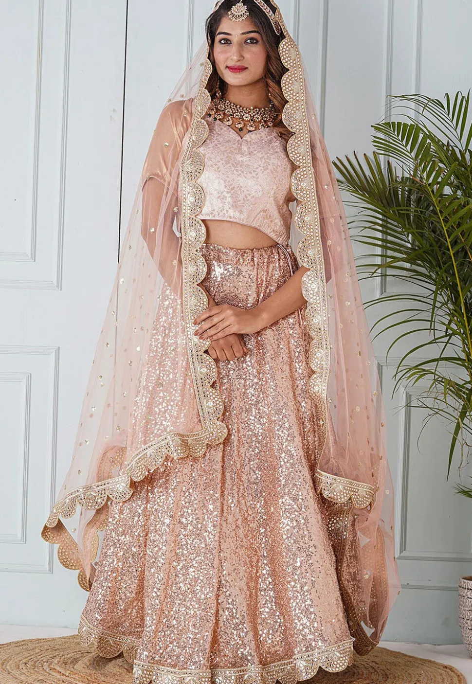 Embroidered Net Dupatta in Peach