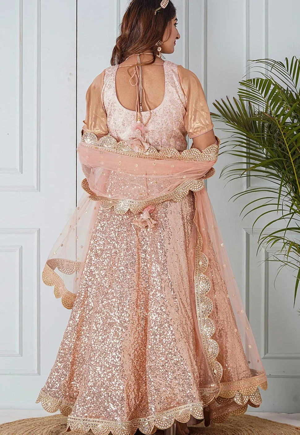 Embroidered Net Dupatta in Peach