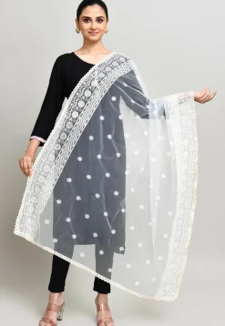 Embroidered Net Dupatta in Off White