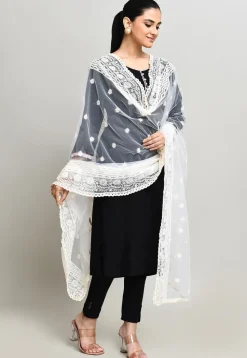 Embroidered Net Dupatta in Off White