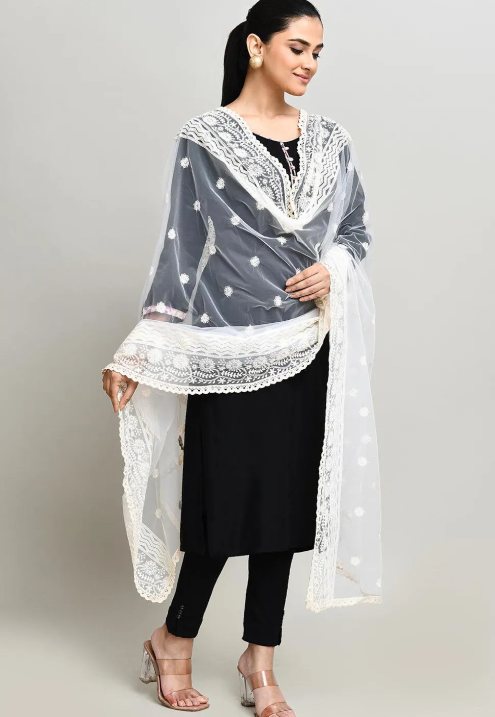 Embroidered Net Dupatta in Off White