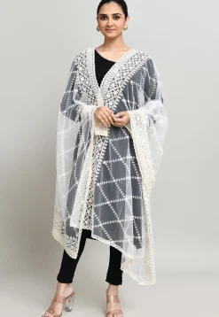 Embroidered Net Dupatta in Off White