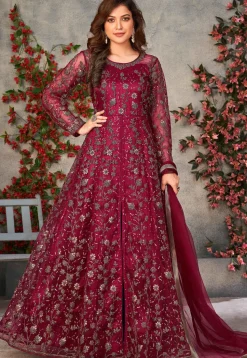 Embroidered Net Front Slit Abaya Style Suit in Maroon