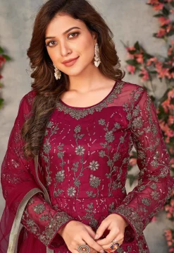 Embroidered Net Front Slit Abaya Style Suit in Maroon