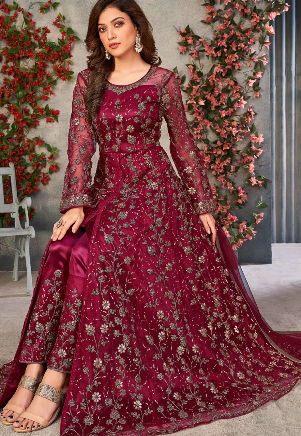 Embroidered Net Front Slit Abaya Style Suit in Maroon