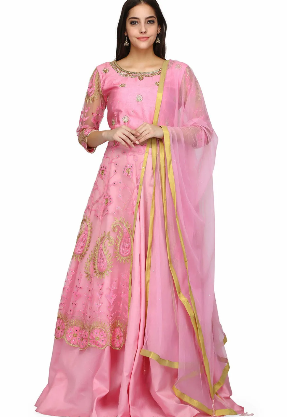 Embroidered Net Front Slit Lehenga in Pink