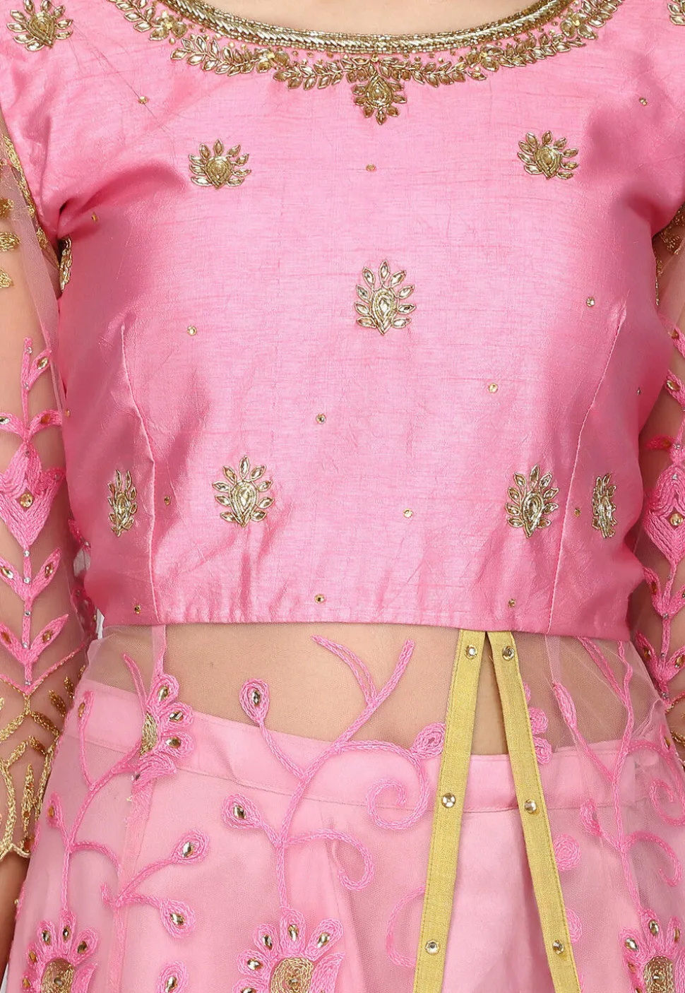Embroidered Net Front Slit Lehenga in Pink