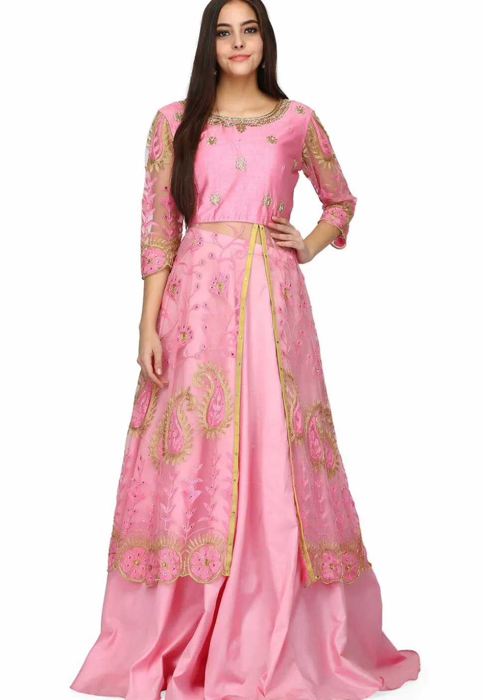 Embroidered Net Front Slit Lehenga in Pink