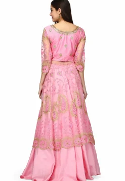 Embroidered Net Front Slit Lehenga in Pink
