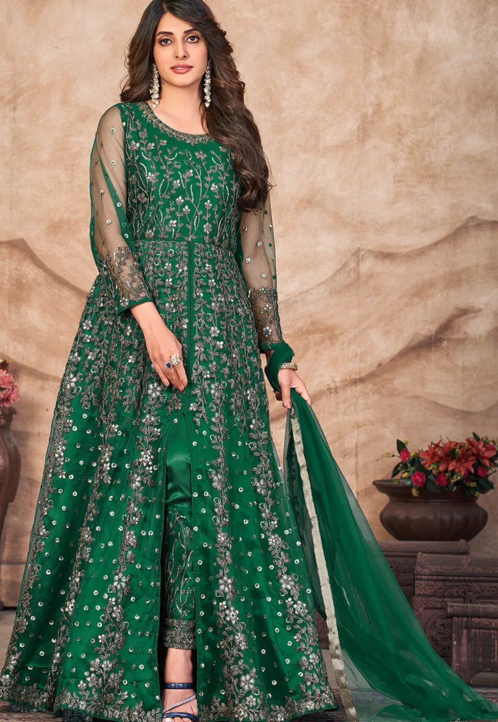 Embroidered Net Front Slit Abaya Style Suit in Green