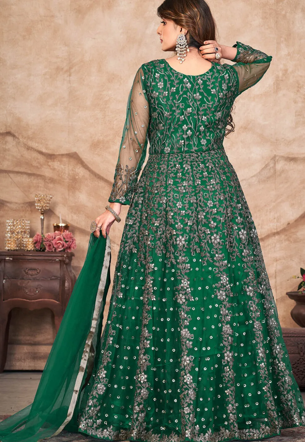 Embroidered Net Front Slit Abaya Style Suit in Green