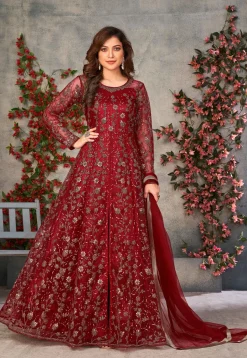Embroidered Net Front Slit Abaya Style Suit in Maroon