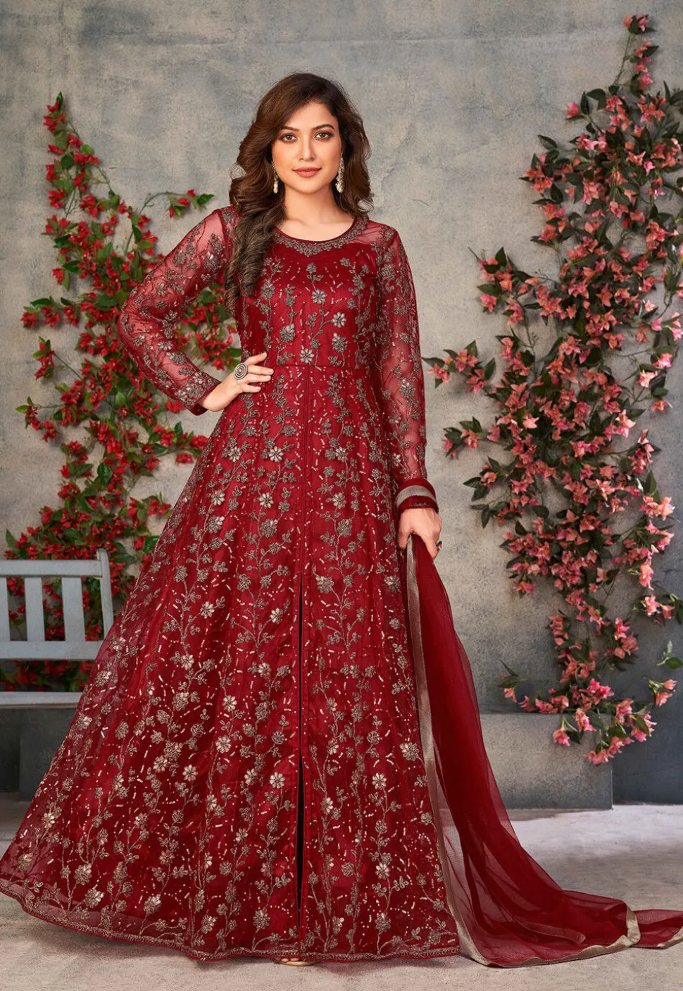 Embroidered Net Front Slit Abaya Style Suit in Maroon