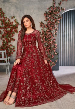 Embroidered Net Front Slit Abaya Style Suit in Maroon