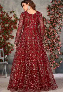 Embroidered Net Front Slit Abaya Style Suit in Maroon