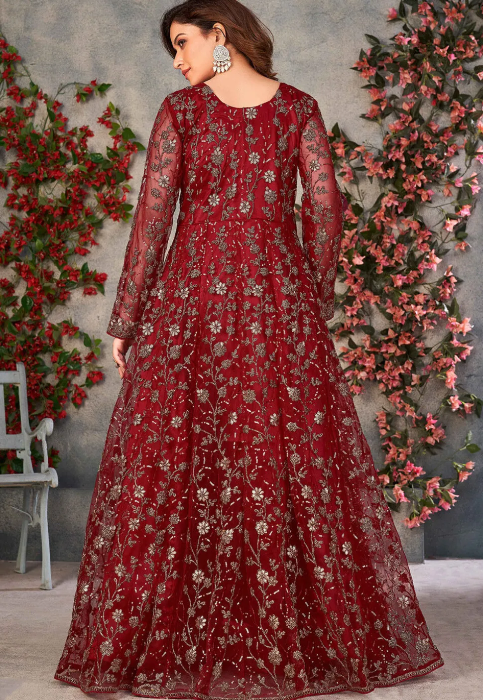 Embroidered Net Front Slit Abaya Style Suit in Maroon