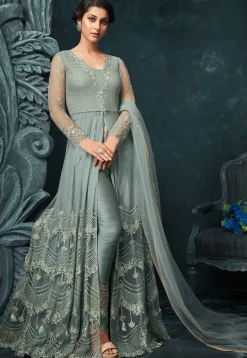 Embroidered Net Front Slit Abaya Style Suit in Dusty Blue